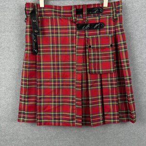 Red Plaid Utility Kilt-Style Mini Skirt, Belted + Snap Pockets, Large